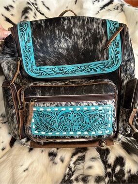 Authentic🐮🌵Turquoise Tooled Hair-on Hide Leather Backpack